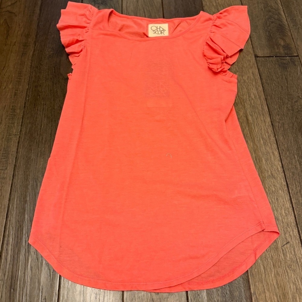 Chaser Flutter Sleeve Top Womens Small Sunset Coral Ruffle Crew Neck CW7731-SNST